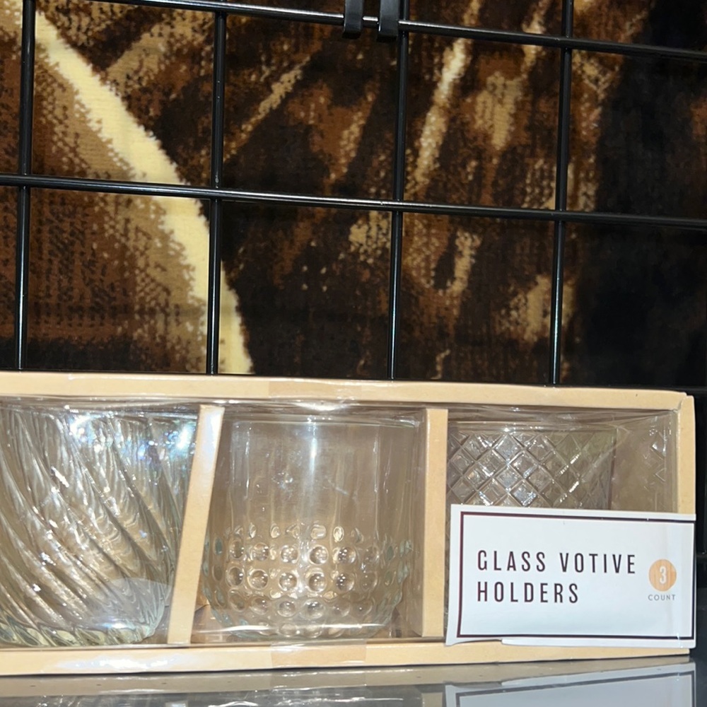 New Three Clear Glass Votive Candle 3" Tall Holders w/ Different Texture Designs